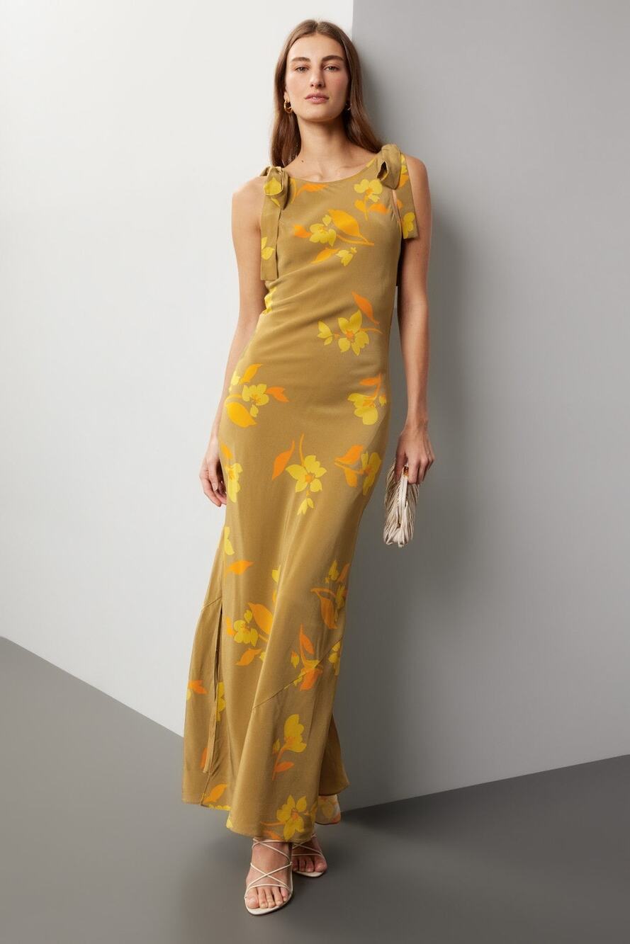 Soleil Soleil Ines Floral Print Tie Strap Golden Silk Maxi Dress Size 6